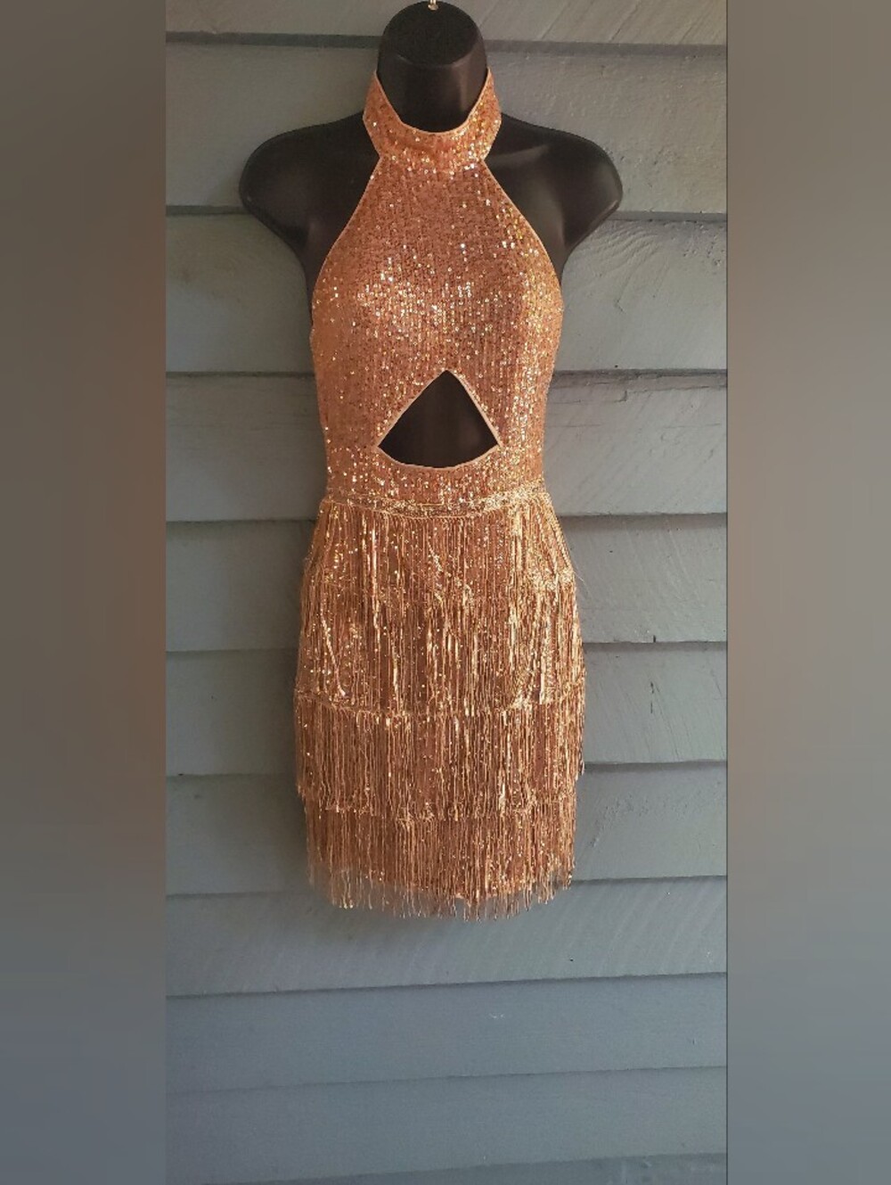 Sequin Fringe Halter Mini Dress - Gold